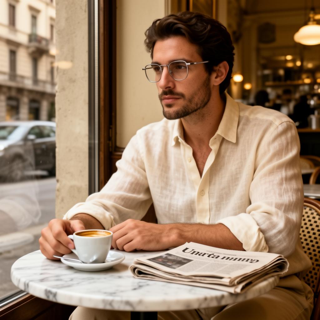 Man in titanium frames at a marble café table in Milan