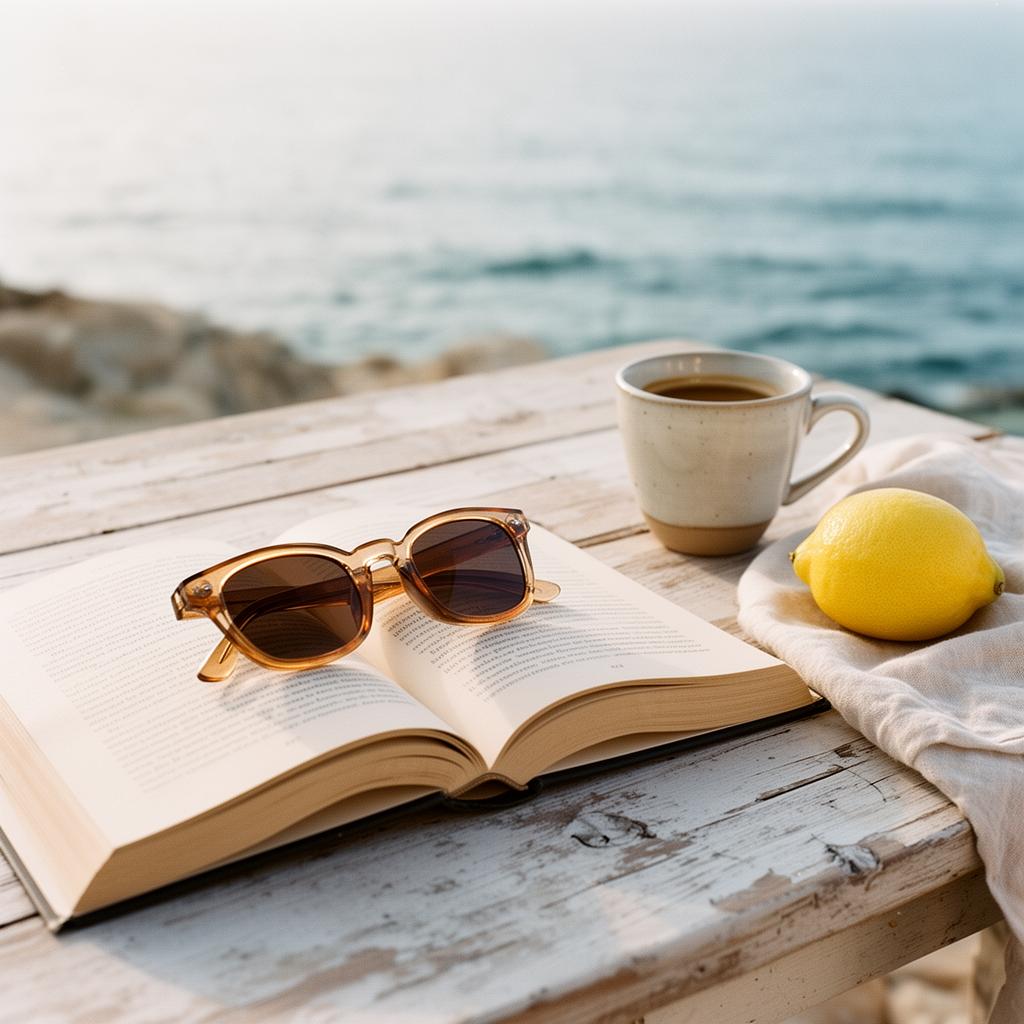 Sunglasses resting on an open book beside an espresso and a lemon by the sea