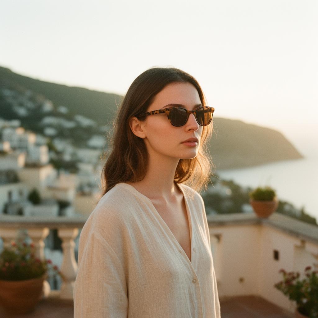 Woman in tortoiseshell sunglasses on a Mediterranean terrace at golden hour